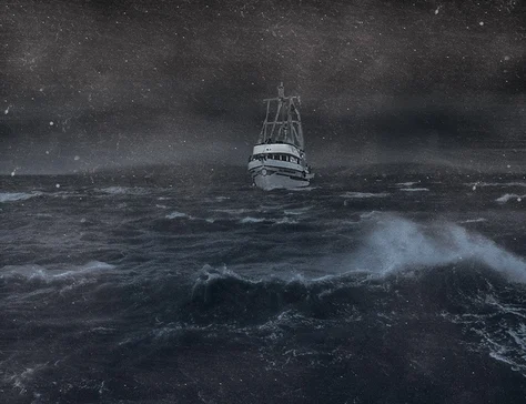 Boat in ocean during storm.